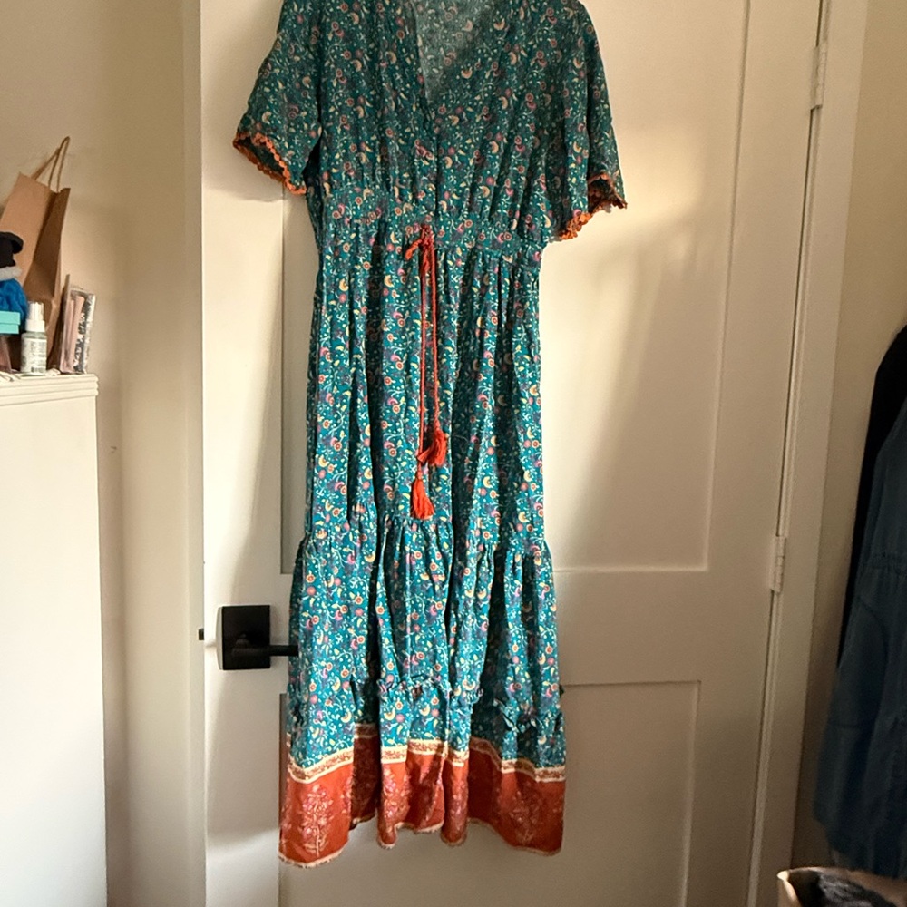 Boho Teal Floral Maxi Dress with Rust Trim and Tassel - Picture 3 of 5